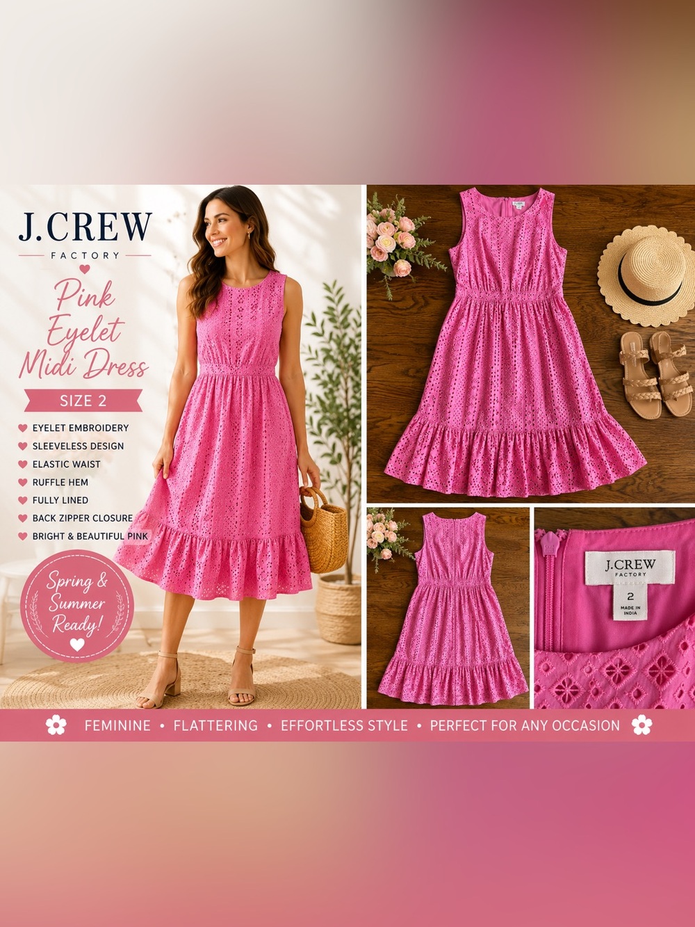 J.Crew Factory Pink Eyelet Midi Dress Size 2 Sleeveless Cotton Ruffle Hem